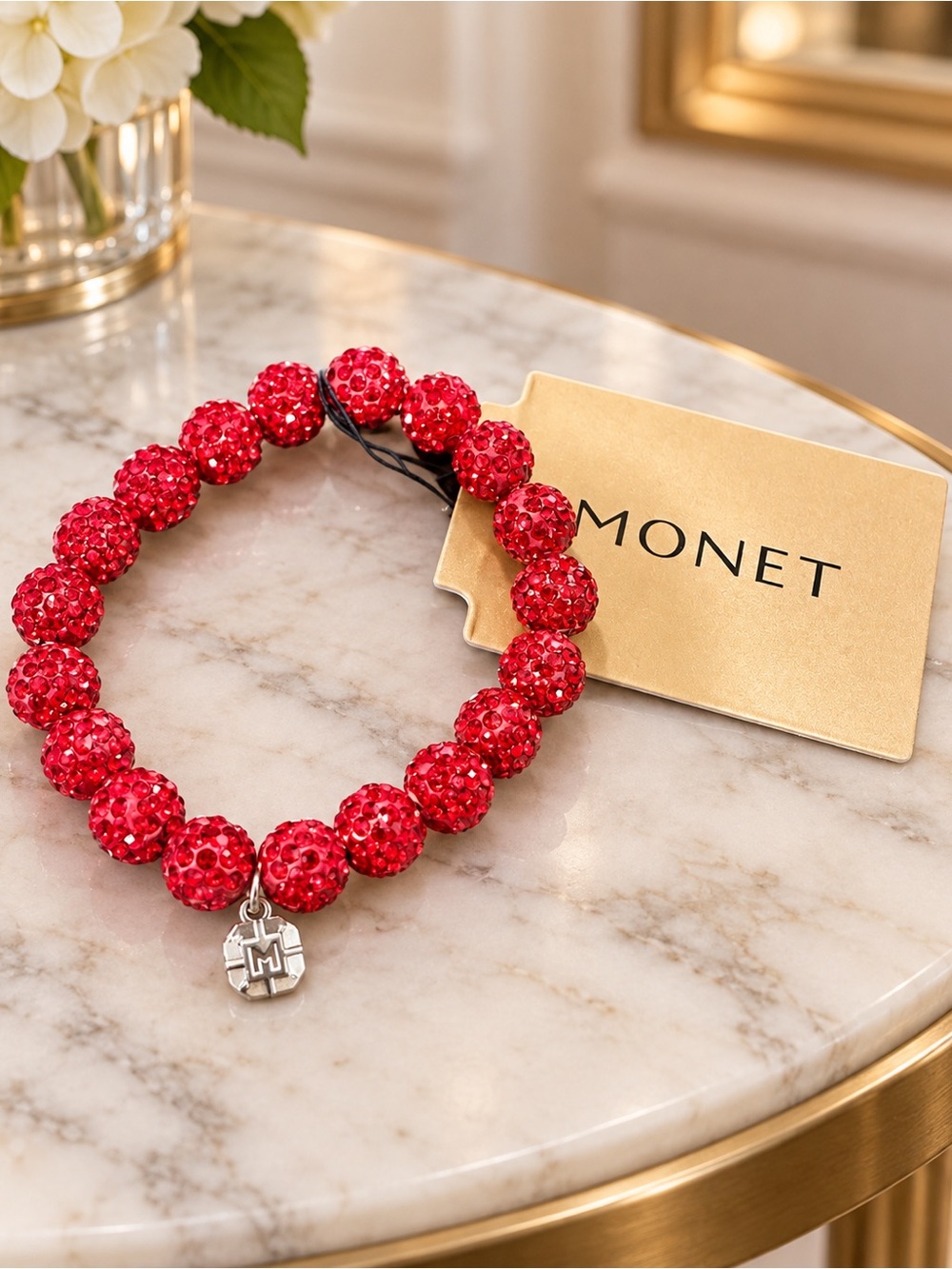 Monet Red Crystal Bead Bracelet with Signature M Charm